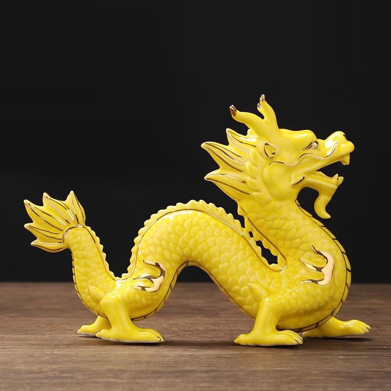 陶瓷龙摆件黄色龙吉祥物大号青龙办公室客厅招财镇宅装饰工艺礼品