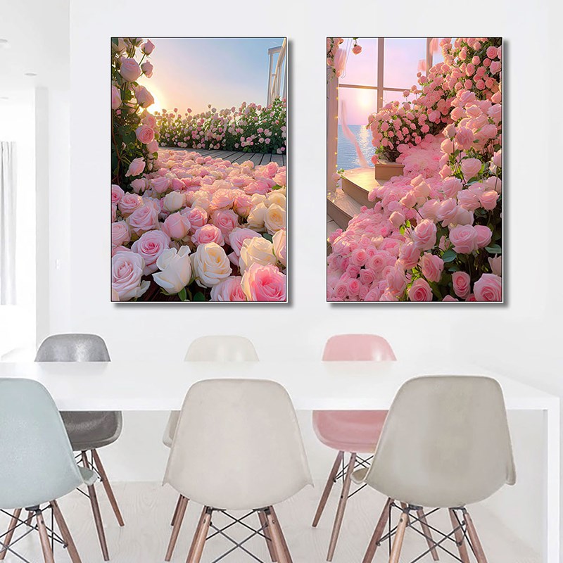 玫瑰装饰画治愈系ins风客厅少女卧室挂画婚纱店粉色花海花卉壁画
