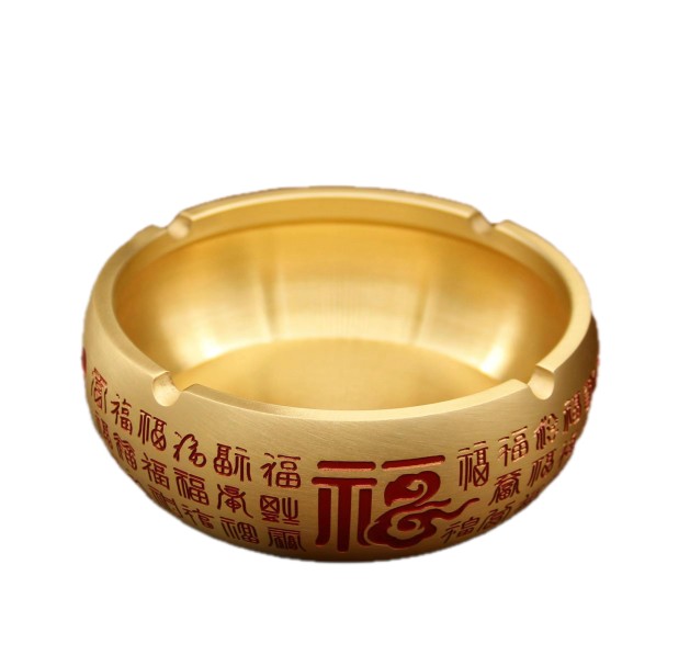 纯黄铜百福烟灰缸大号复古家用客厅办公室防飞灰高端轻奢烟缸摆件