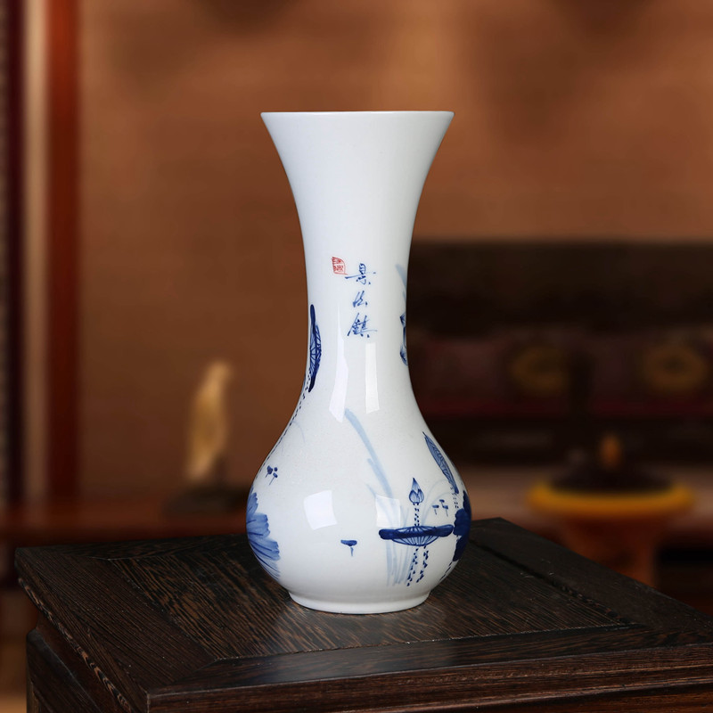 景德镇陶瓷器 荷韵青花瓷小花瓶插花器 现代时尚家饰摆件倒件