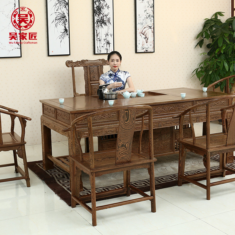 鸡翅木豪华茶桌中式彷古实木茶桌椅组合红木茶台一桌五椅客厅家俱