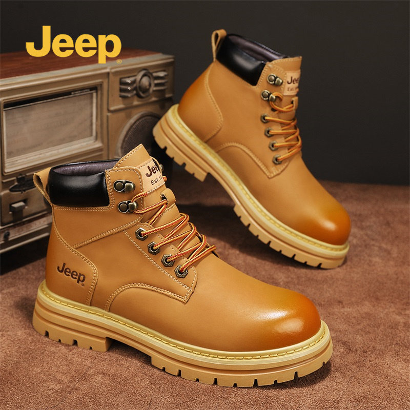 JEEP吉普真皮加绒高帮马丁靴男