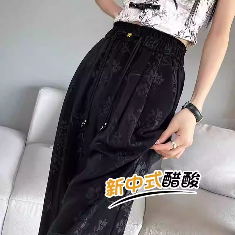 新中式国风提花休闲阔腿裤女士夏季高腰宽松显瘦直筒冰丝裤子薄款