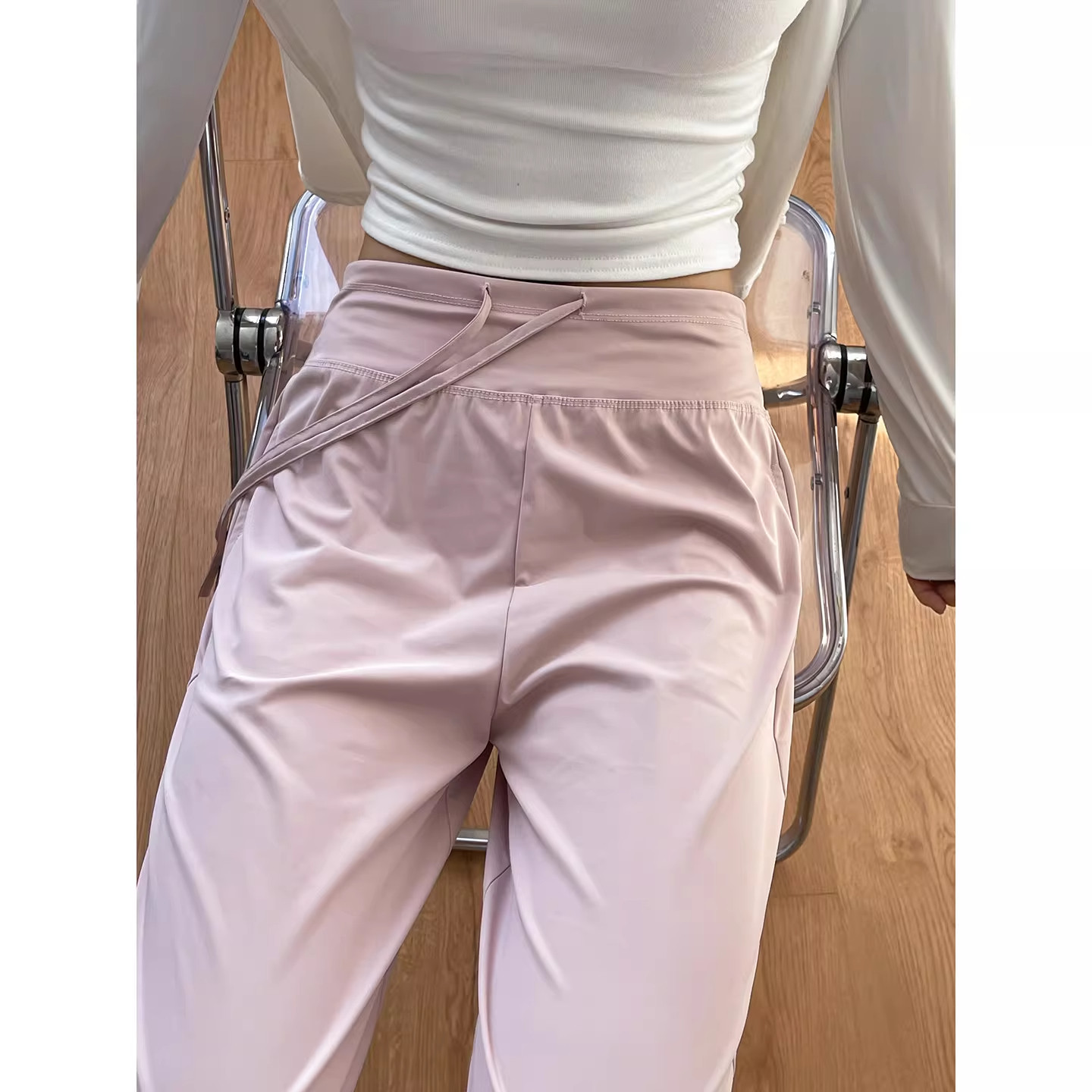 粉色冰丝速干防晒裤女款夏季薄款高腰垂感凉凉阔腿瑜伽健身运动裤