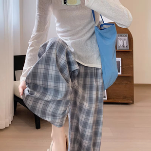 灰色复古格子阔腿裤女夏季薄款高腰宽松显瘦慵懒风直筒休闲长裤子
