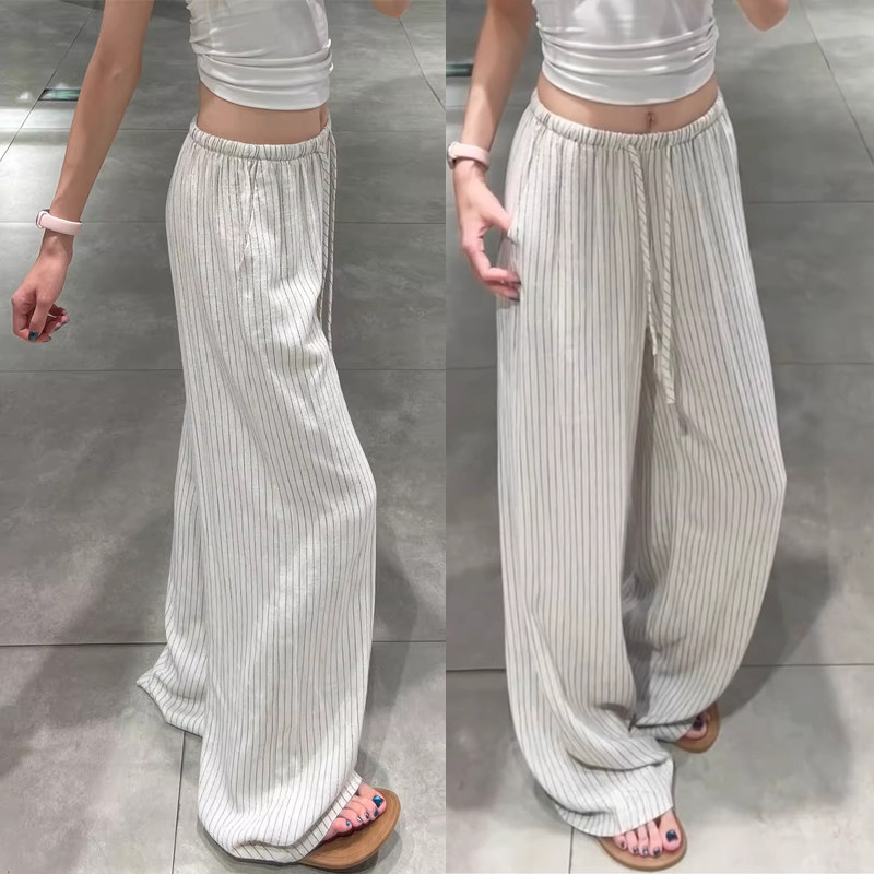韩系亚麻条纹阔腿裤女夏季薄款小个子高腰显瘦慵懒垂感拖地休闲裤