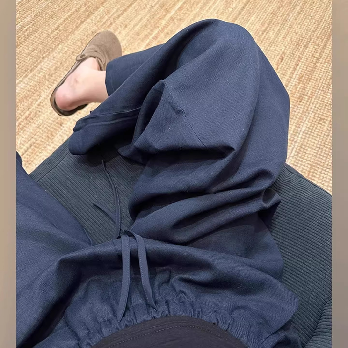 藏青色棉麻冰丝阔腿裤子女夏季薄款高腰宽松显瘦垂感慵懒风休闲裤