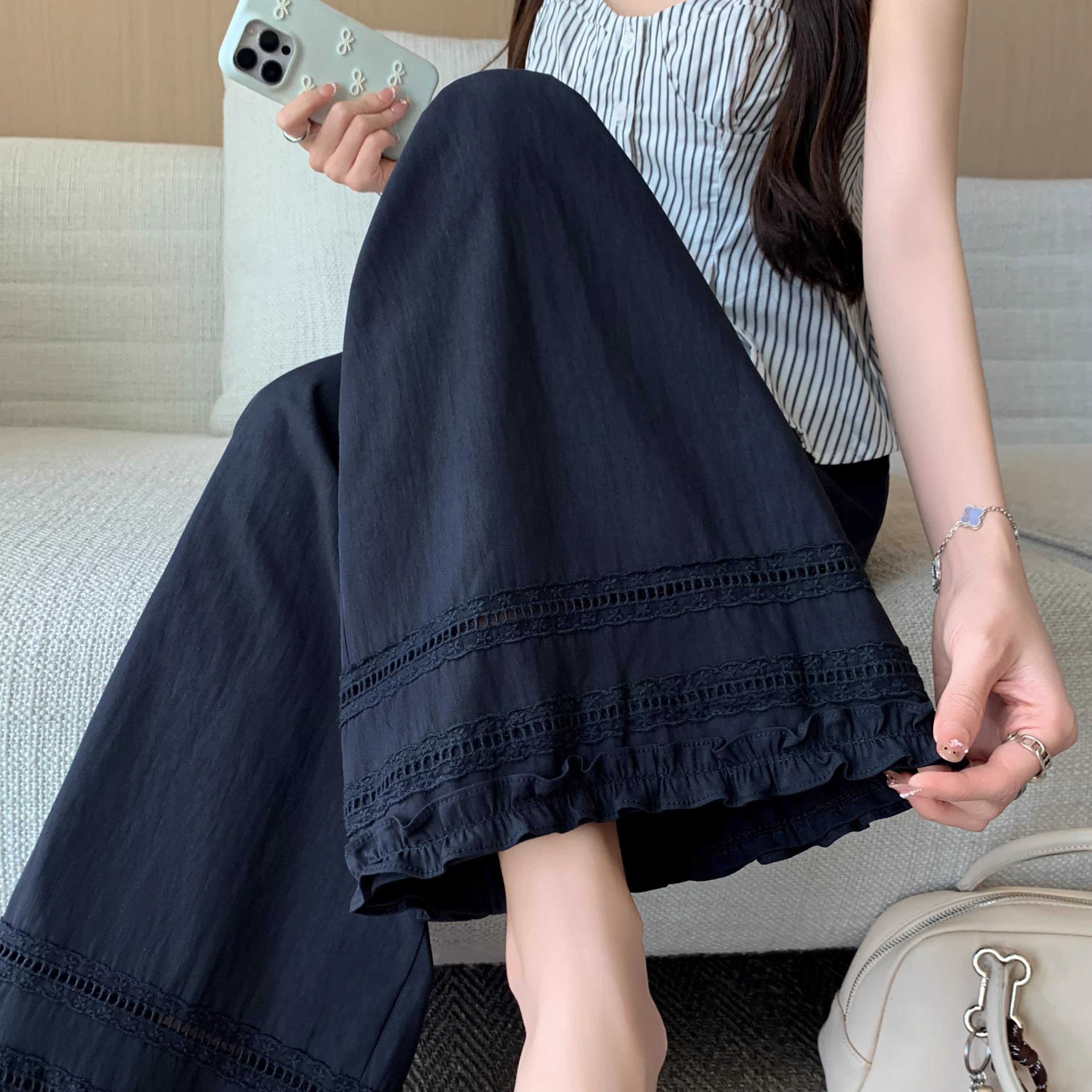 藏蓝色蕾丝木耳花边阔腿裤女夏季薄款高腰显瘦慵懒风休闲九分裤子