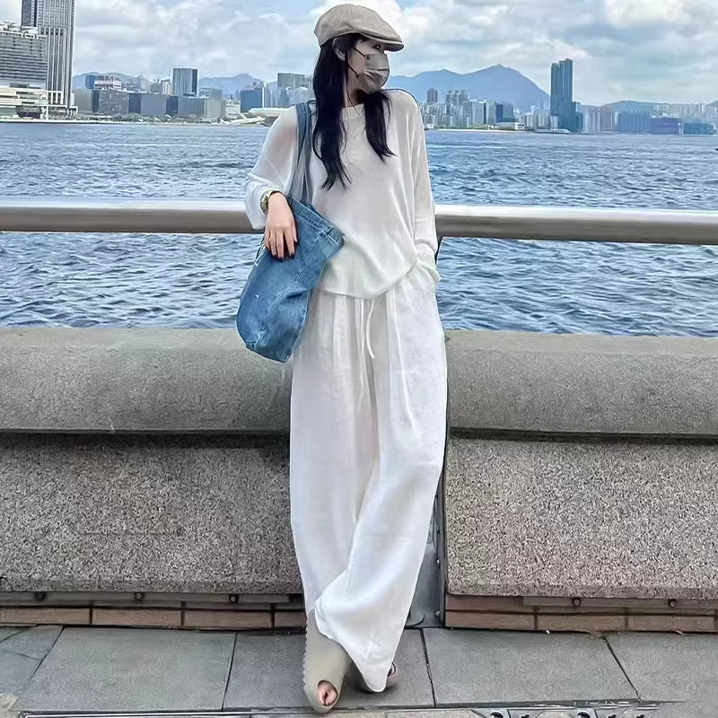 慵懒风棉麻冰丝阔腿裤女夏季薄款高腰宽松小个子白色直筒休闲裤子