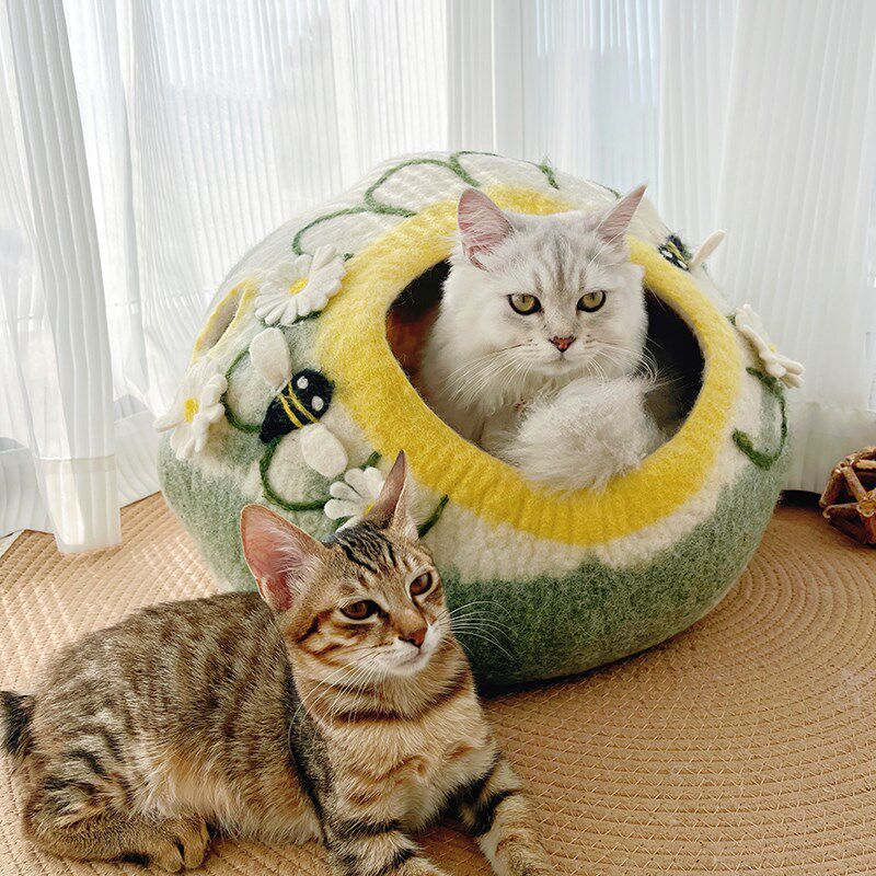 【纯手工】羊毛猫窝毛毡冬季保暖可爱半封闭式安全感冬日猫屋幼猫