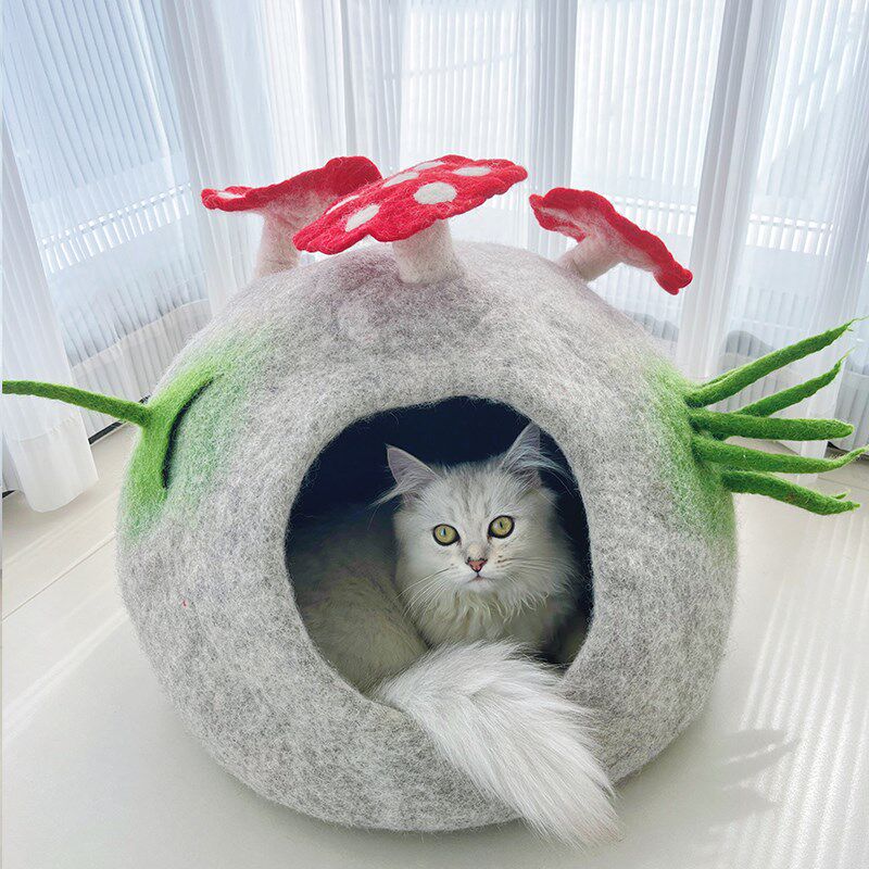 【纯手工】羊毛猫窝毛毡冬季保暖可爱半封闭式安全感一体猫舍猫屋