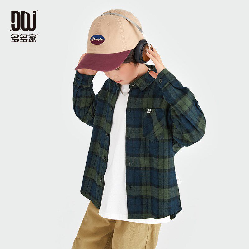 多多家男童格子衬衫2024新款春秋季儿童复古纯棉长袖秋装外套衬衣