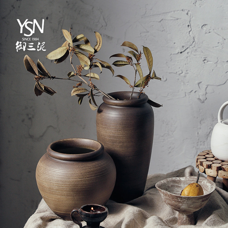 御三泥手工粗陶台面陶罐子干花小花盆花瓶禅意客厅插花装饰摆件