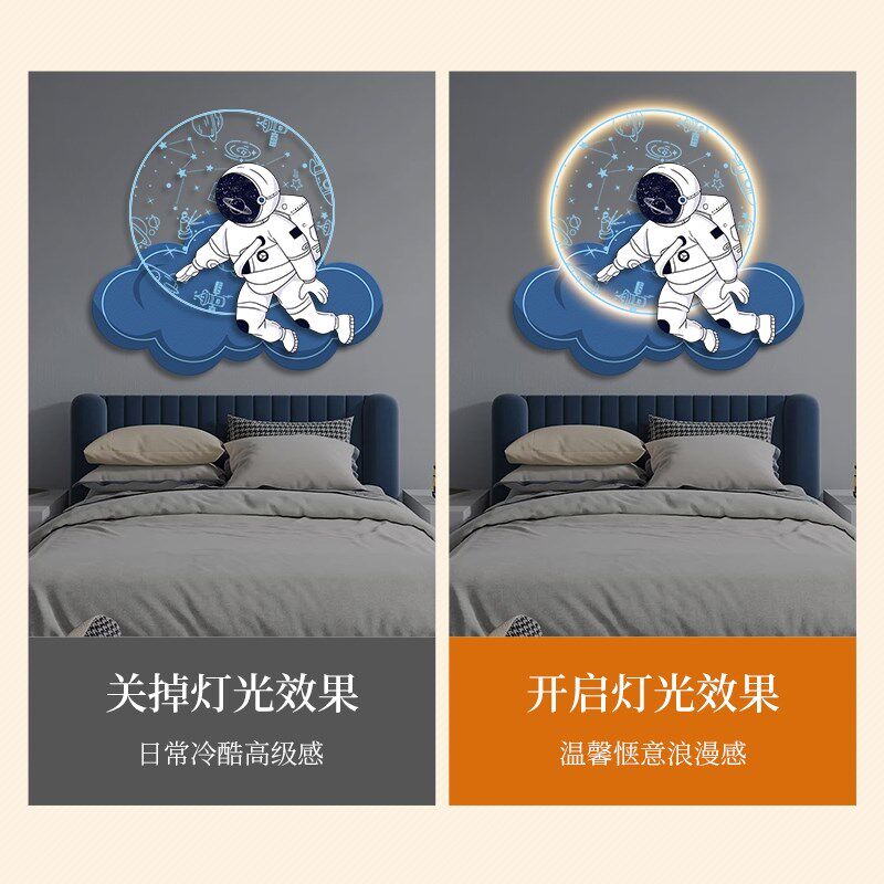 太空宇航员儿童房装饰画男女孩卧室房间挂画餐厅带LED灯墙面壁画