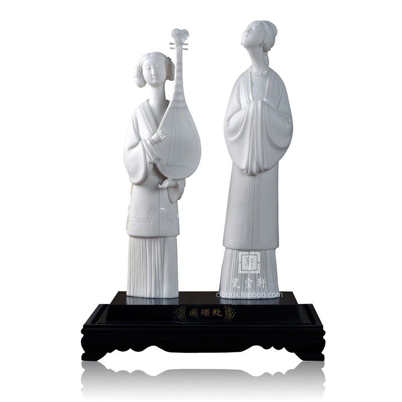 德化白瓷古典仕女美女抱古琴人物摆件 瓷塑一对工艺品摆件 阑珊处