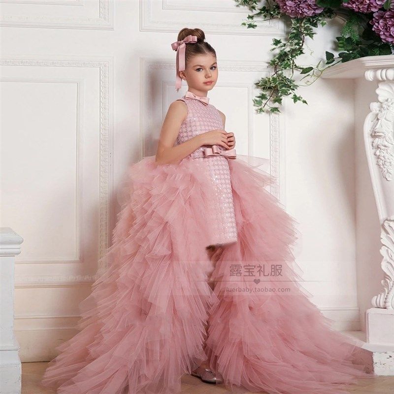 儿童2件套拖尾礼服女童模特走秀主持人演出服生日晚礼服钢琴表演