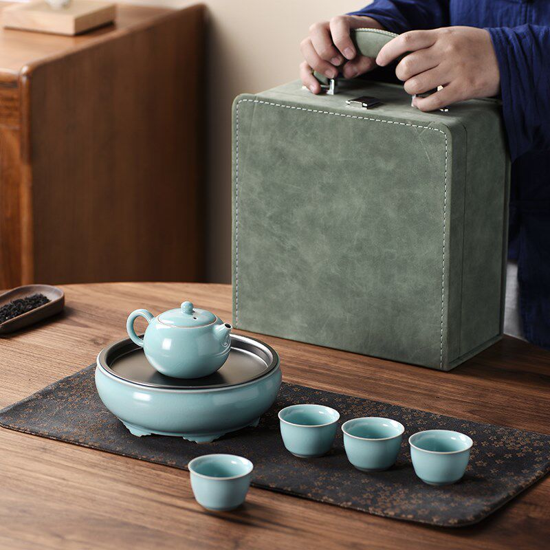 高档汝窑家用旅行露营茶具功夫泡茶套装小套一壶全套茶盘茶壶客杯