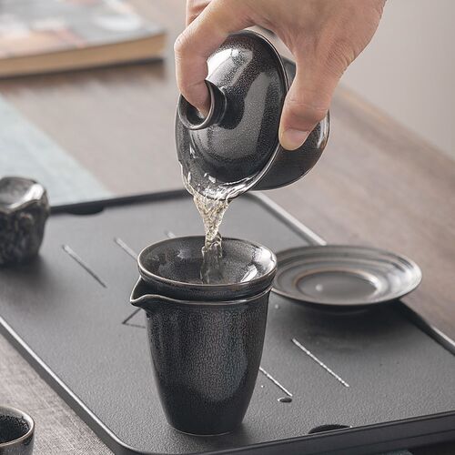 天目釉茶壶陶瓷功夫茶具茶道单茶壶黑色釉泡茶器敬茶碗家用中式杯
