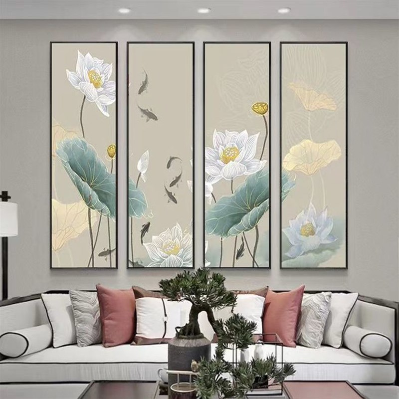 荷花新中式客厅背景墙装饰画禅意莲花茶室壁画中国风饭厅四联挂画