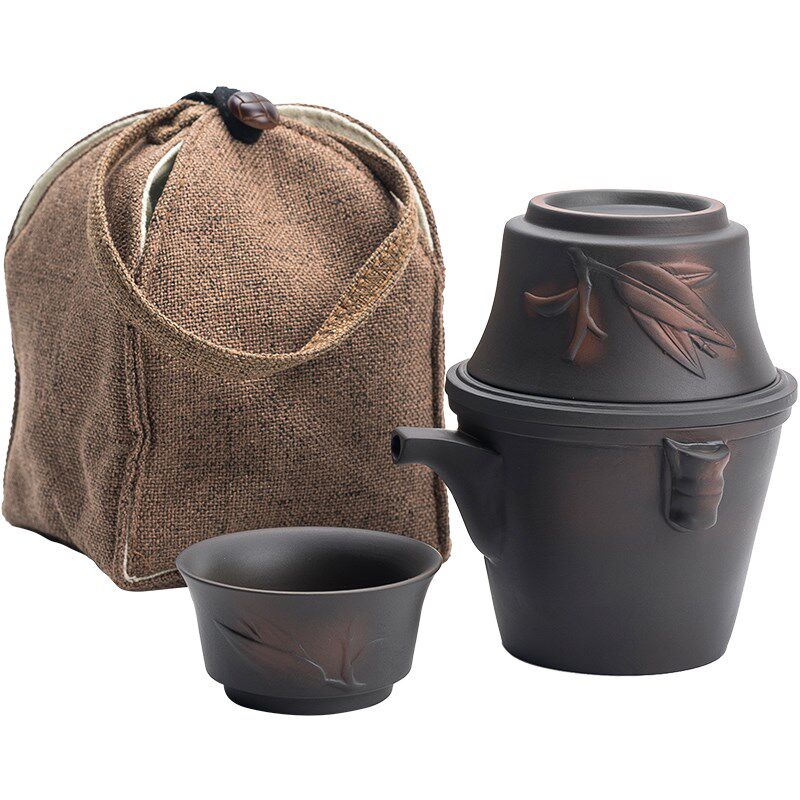 陶迷紫陶旅行快客杯便携袋户外陶瓷茶壶茶具套装一壶两杯紫砂茶杯