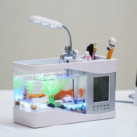 迷你鱼缸养鱼水族箱家用小型桌面摆件台灯多功能LED时钟闹钟