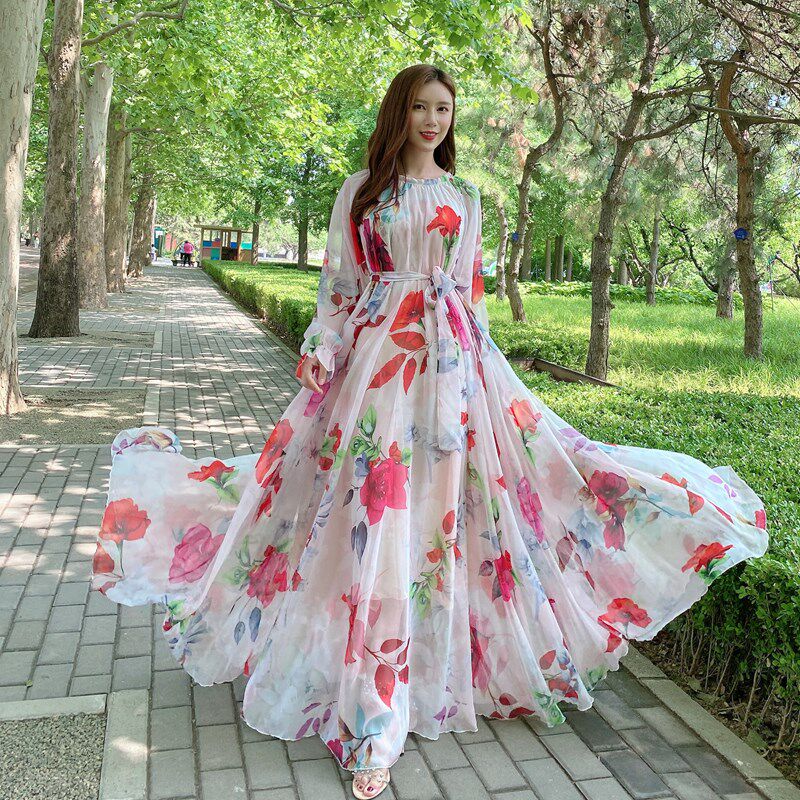 海边度假连衣裙大码宽松系腰带款及踝拖地裙子女夏季新款女长裙