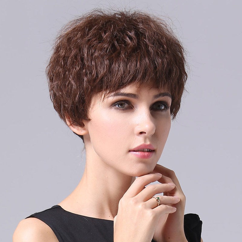 洗后有卷真发假发女短发真人发圆脸妈妈蓬松卷小波浪女全头套V08