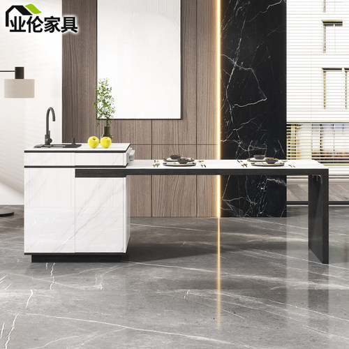 意式轻奢岩板岛台餐桌一体家用可伸缩中岛台厨房料理台吧台3E6