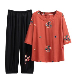 老人家衣服奶奶夏季新款中老年大码女装T恤衫套装妈妈洋气上衣潮