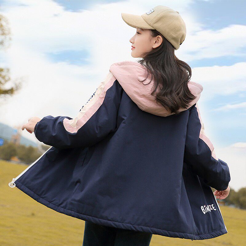 初中生少女冬装新品绣花撞色拉链带帽高中生加厚棉衣工装加绒外套