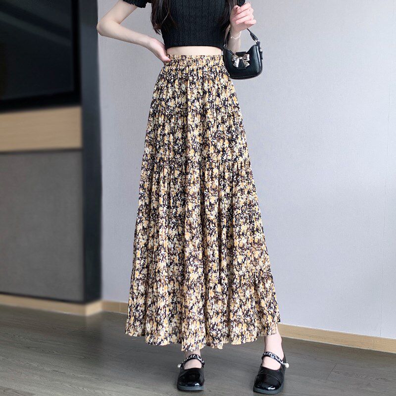 夏季碎花蛋糕裙子女2024新款显廋大摆仙女长裙高腰a字雪纺半身裙