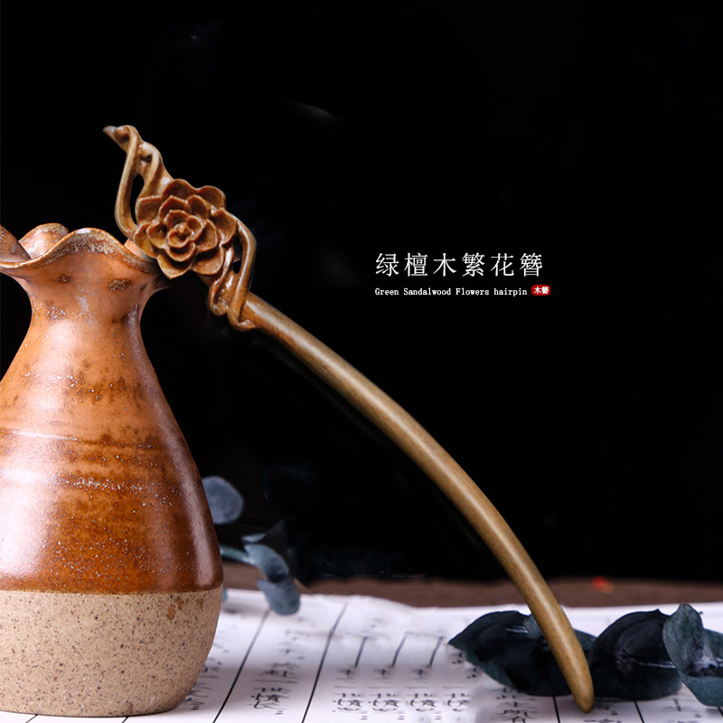 天然绿檀木梳子簪子套装迷你复古风木簪子雕花网红随身化妆梳镜