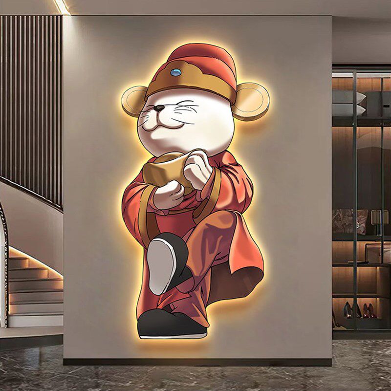 现代入户玄关装饰画卡通招财猫寓意好壁画走廊过道LED发光灯画