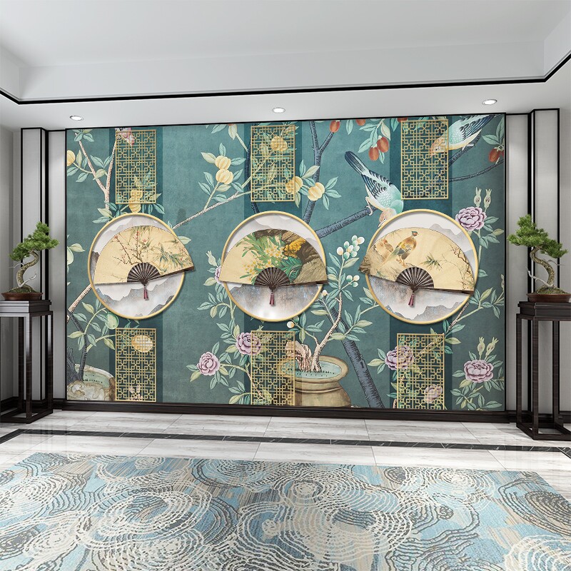 中国风古典花鸟图墙纸中式剧本杀店装饰壁画古筝房教室工作室壁纸