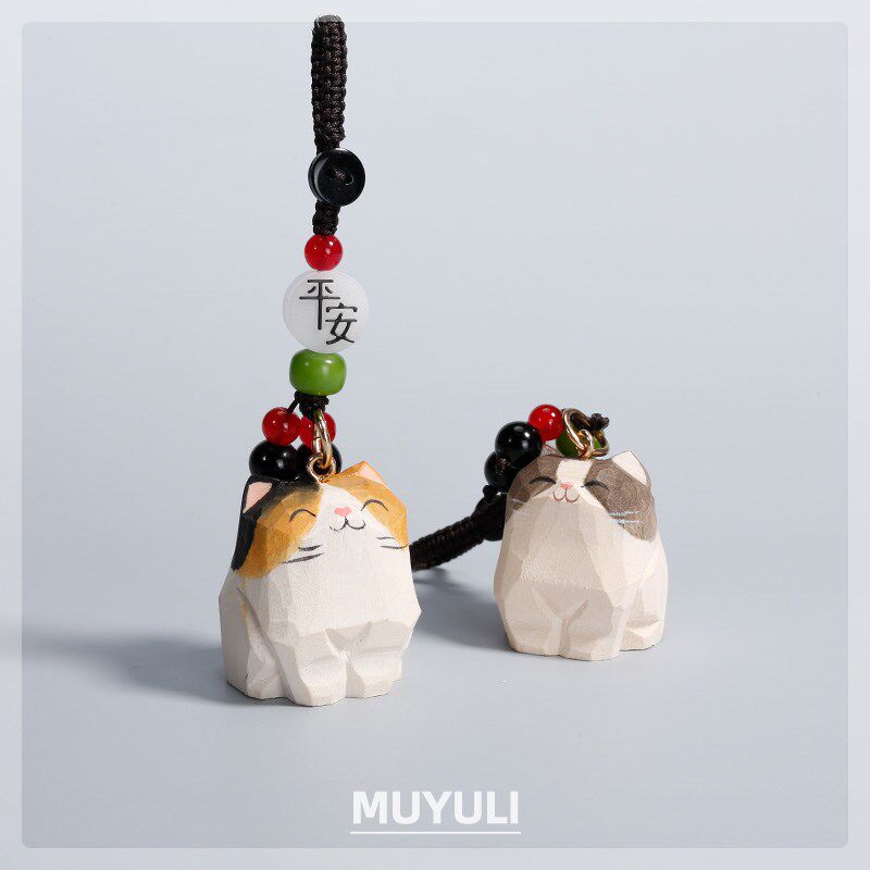 木雕小猫钥匙扣情侣一对招财三花猫包包挂件装饰可爱闺蜜钥匙链 - 实物图