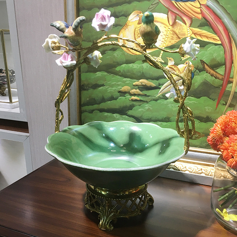 美饰家居陶瓷配铜小鸟提篮果盘 客厅茶几美式家居高端工艺品摆件