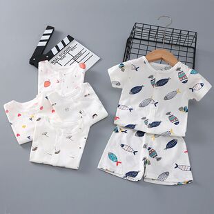 婴儿短袖套装夏季纯棉宝宝半袖新生儿家居衣服薄款儿童薄睡衣