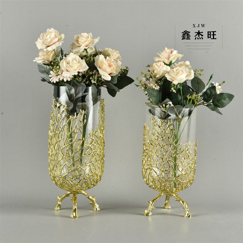 欧式金属玻璃花瓶摆件客厅干插花样板房餐桌花器创意轻奢桌面装饰