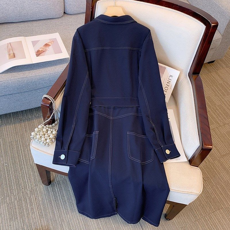 大码女装200斤胖mm春装长款衬衫裙翻领收腰显瘦长袖牛仔连衣裙