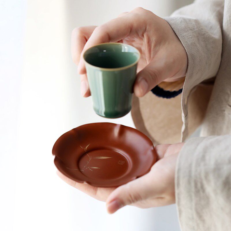 古歌元作茶具纯铜器六瓣花状杯垫錾刻竹子中式杯托隔热垫功夫茶道