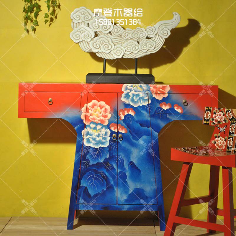 彩绘复古梳妆台玄关柜客厅柜鞋柜门厅柜装饰柜中式实木家具定制