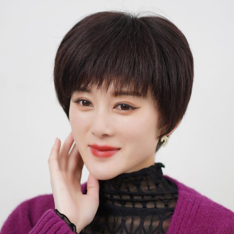 中老年女士假发短发真发夏季薄款全真透气短直发时尚妈妈款全头套