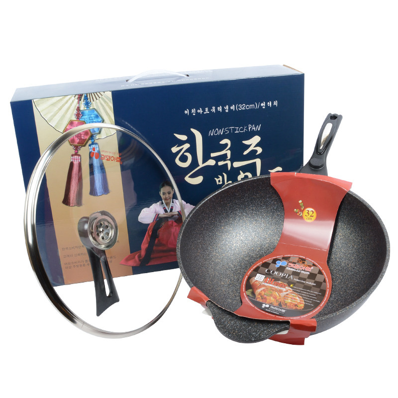 韩式麦饭石不粘锅家用无油烟平底锅 适用电磁炉32cm炒锅