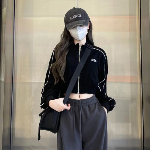短款防晒女长袖设计感小众春夏秋季薄款高腰复古露脐拉链开衫上衣