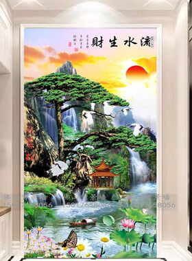 玄关瓷砖背景墙岩板微晶石大理石简约轻奢3d立体山水迎客松新中式