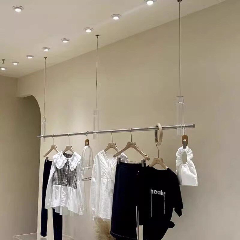 服装店展示架男女装店专用悬挂挂衣杆不锈钢亚克力钢丝吊架陈列架