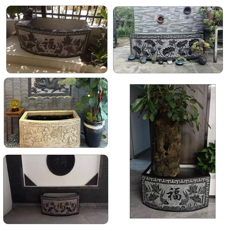 中式门海鱼缸花盆养鱼池荷花福字雕刻庭院装饰璧盆青石流水造景缸