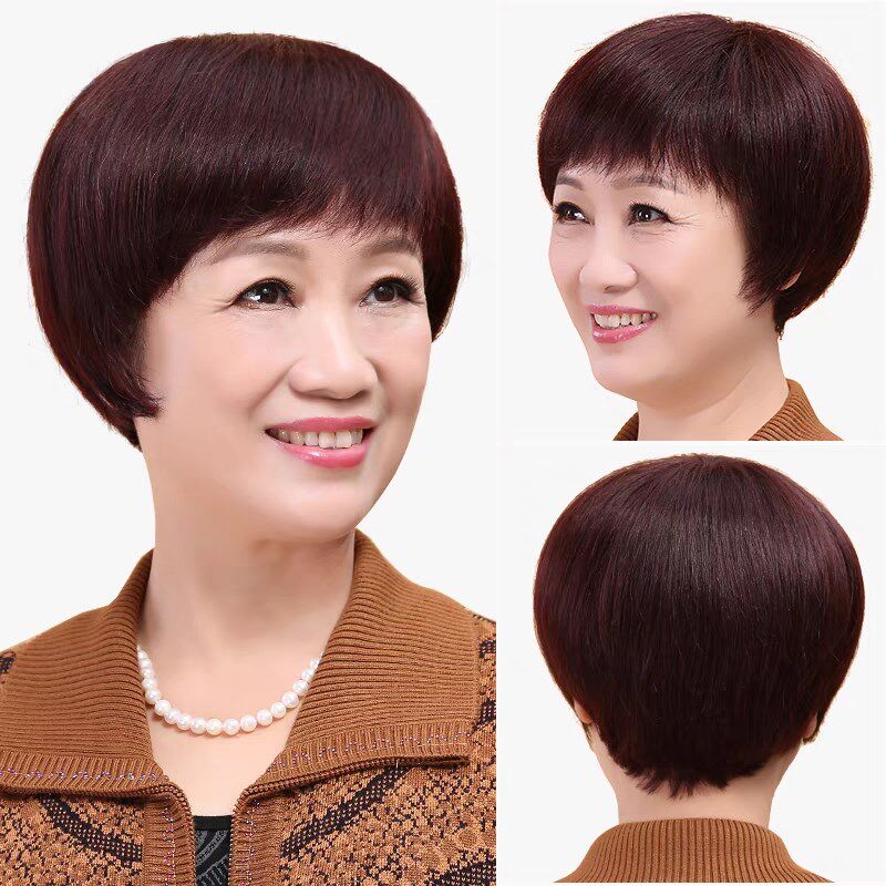 假发中老年女妈妈款女士真发全真人发中年短发真发遮白发全头套式