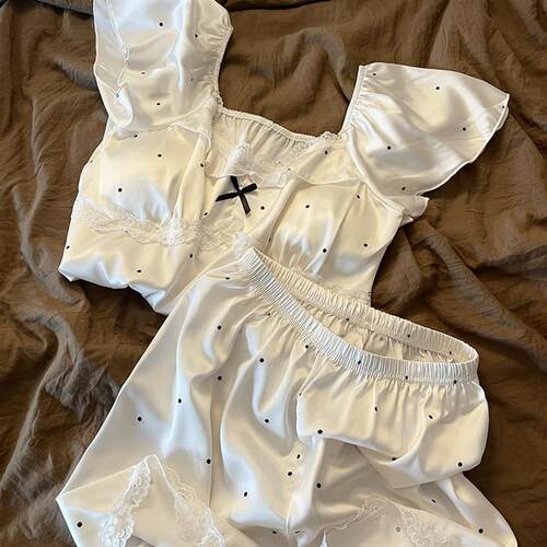 Sin Glee 少女蕾丝边波点冰丝睡衣女夏季小飞袖带胸垫家居服套装