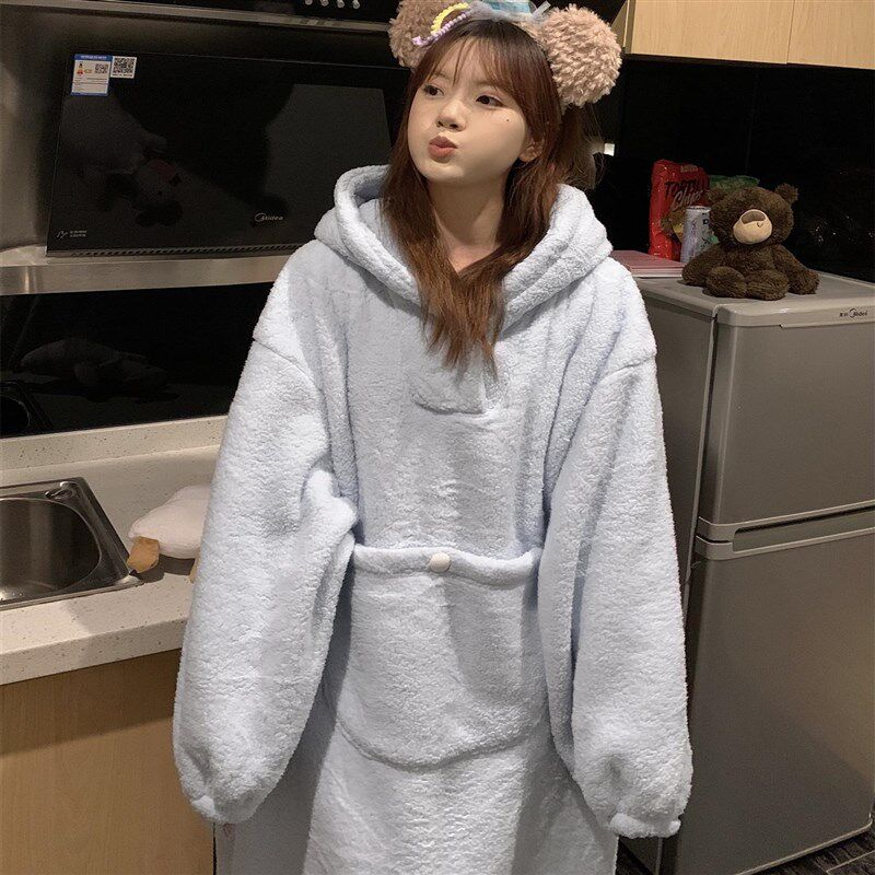 韩版可爱珊瑚绒睡袍女秋冬2024新款加绒加厚睡衣家居服睡裙可外穿